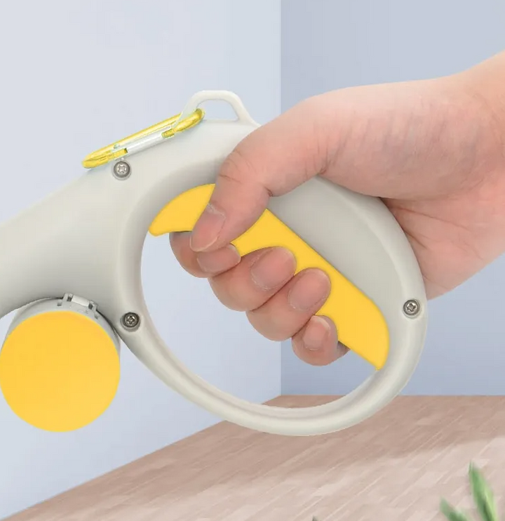 Illustrated dog poop bag dispenser, orange, showing internal storage for extra rolls, a must-have pet hygiene item.