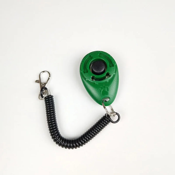 Durable dog training clicker with ergonomic design, wrist spiral, snap hook