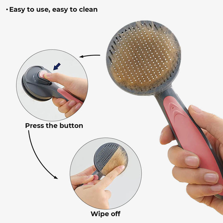 Close-up of pet grooming brush with stainless steel bristles, easy clean button activated