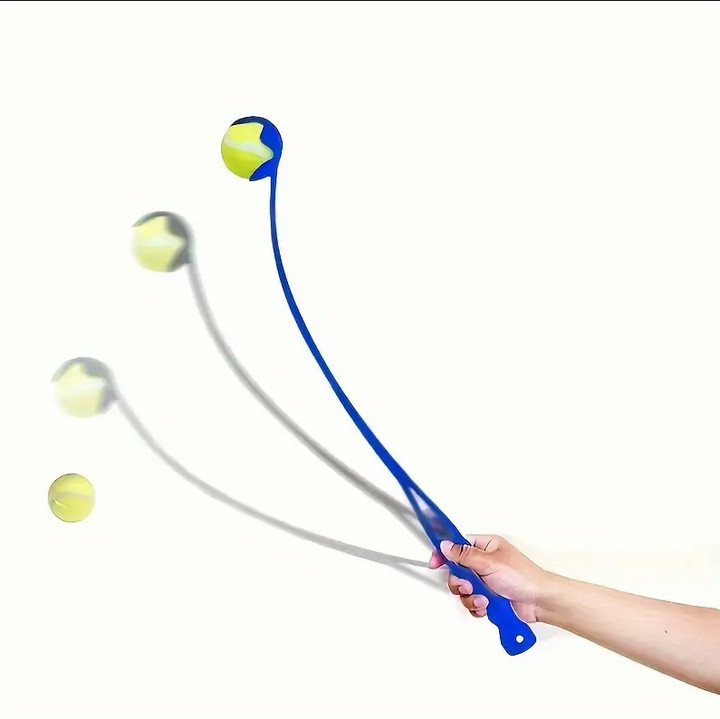 High-visibility long-distance dog ball thrower, promoting active outdoor play and pet exercise.