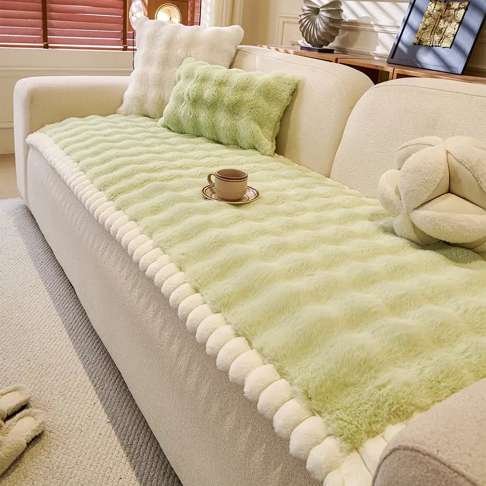 Close-up of soft faux fur texture on a non-slip sofa cover, cozy and protective home decor