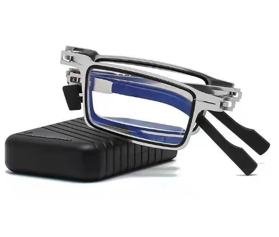 Folded portable reading glasses in a sleek case, ready for on-the-go clear vision, perfect for travel.