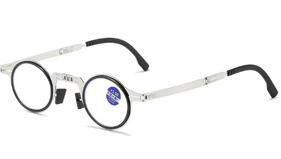 Unisex magnifying readers with silver frames, unfolded, showing clear lenses for easy reading and clarity.