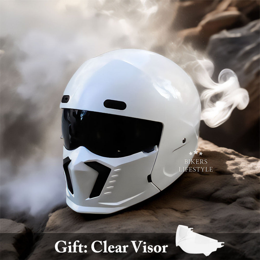 Vintage aesthetic full face motorcycle helmet, safety certified for enhanced biker protection.