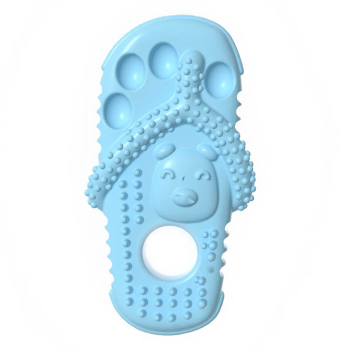 Durable dog chew toy shaped like a flip flop, promoting dental hygiene for pets.