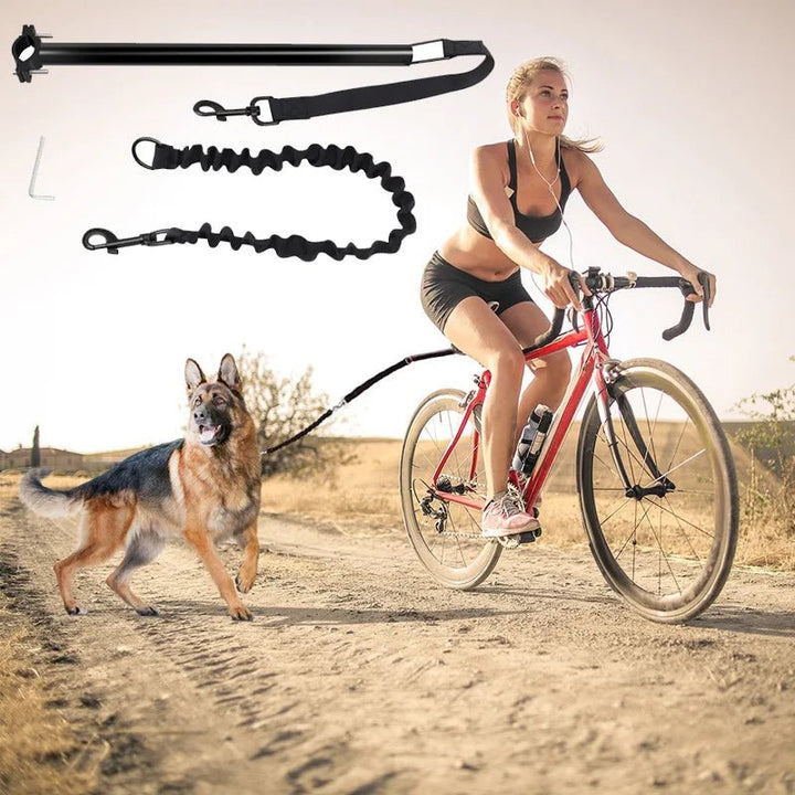 Cycling with dog using a black shock-absorbing hands-free bicycle leash for active pets