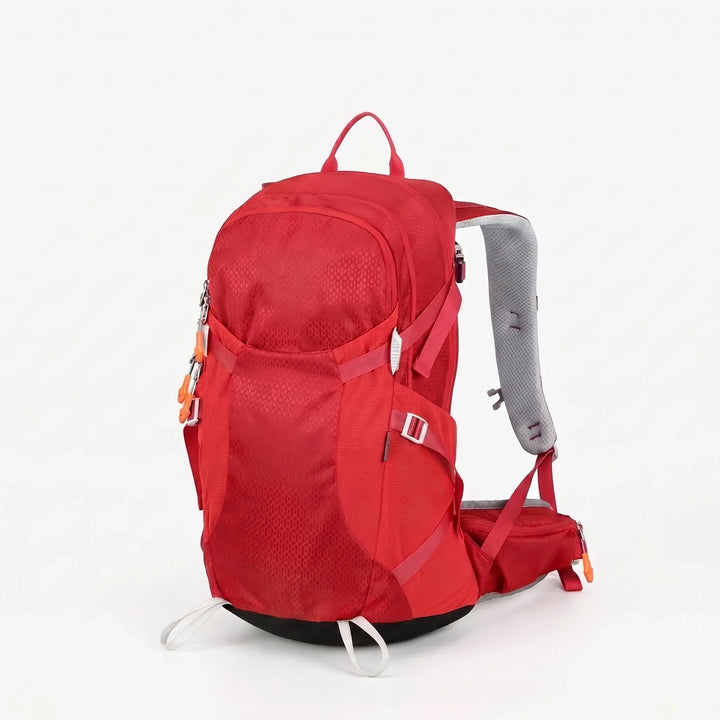 Durable hiking backpack, ventilated back panel for comfort on trails, essential outdoor gear.