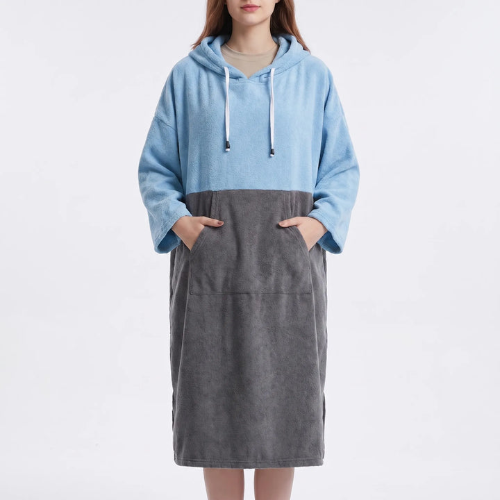 Easy-wear unisex hooded beach robe, quick-dry swim cover-up and changing poncho for watersports.