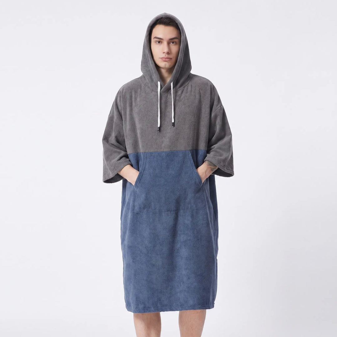 Warm, quick-dry hooded changing robe for post-watersports, beach, or pool comfort. Essential travel accessory.