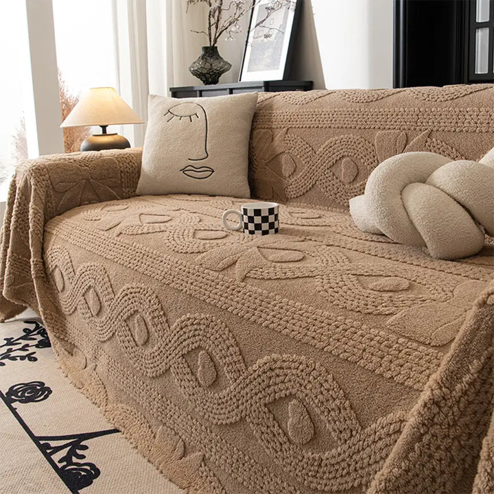 Stylish jacquard knit sofa blanket, plush texture, perfect furniture protector for pets