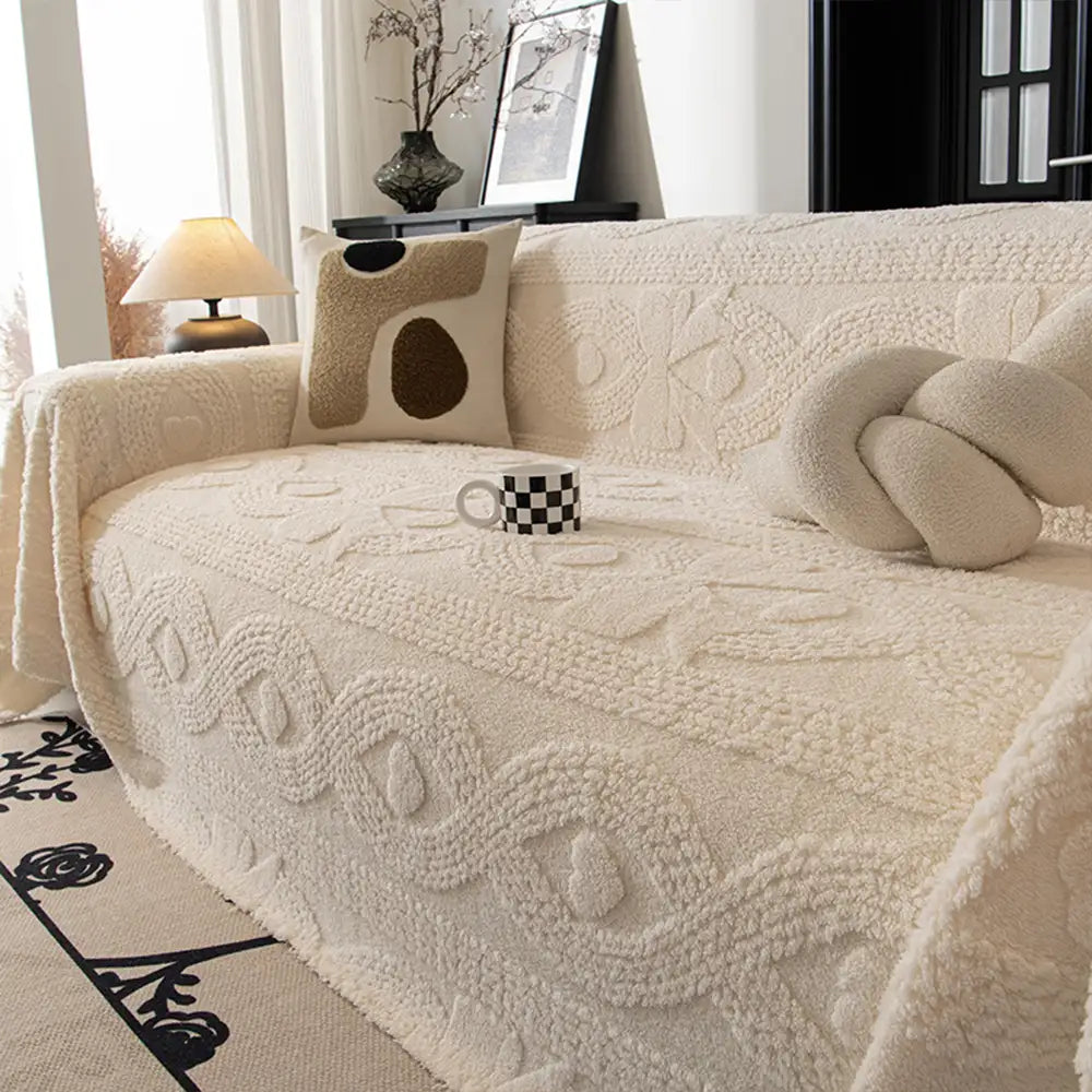 Luxury jacquard plush couch cover in neutral tone, soft and pet-friendly home decor