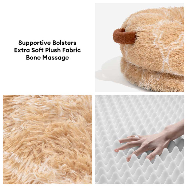 Close-up of the plush texture on a large orthopedic pet calming cuddle bed, washable.