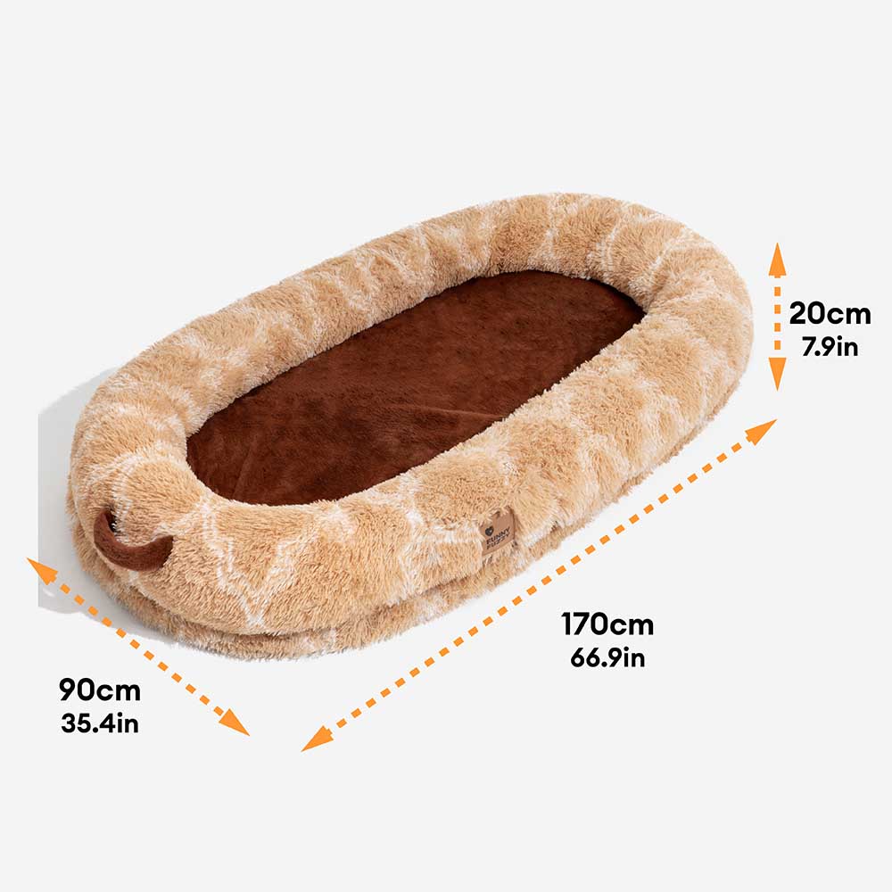 Washable large pet donut bed, orthopedic support and calming features for anxious pets.