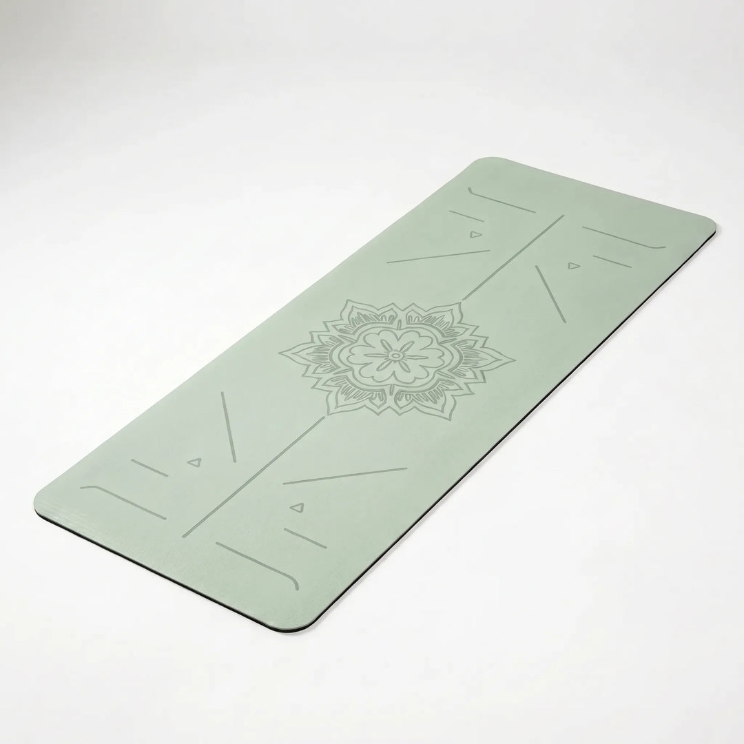 Unisex mint green alignment mat for yoga, Pilates, and general fitness. Non-slip, cushioned, ideal for home workouts.