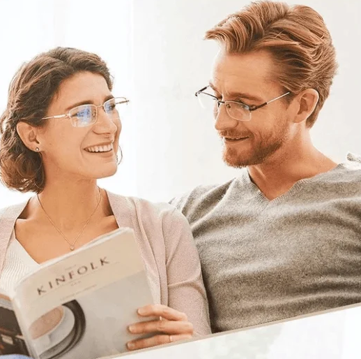 Lightweight titanium unisex multifocal glasses, anti-blue light for digital eye strain & crisp vision.