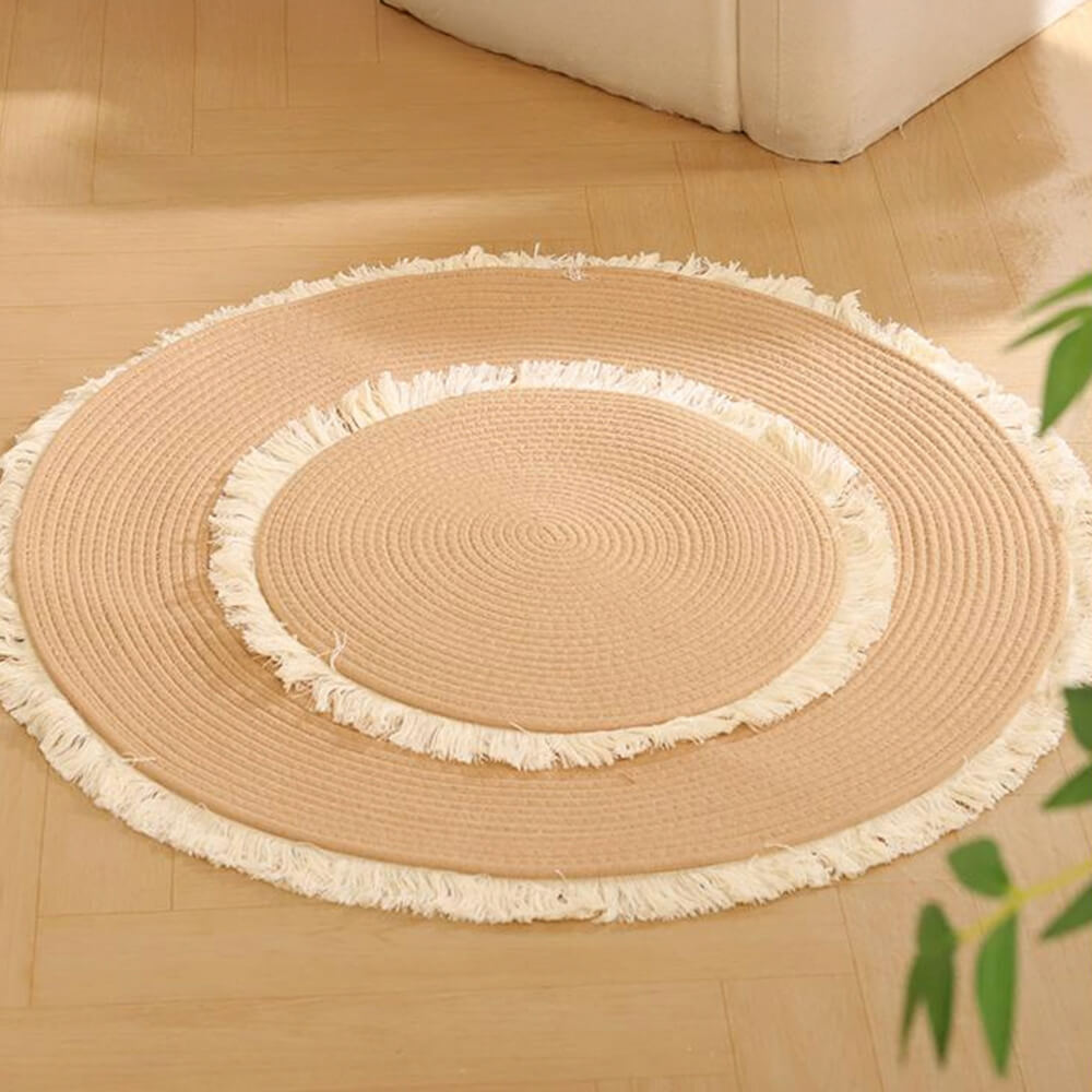 Durable cotton rope cat scratch mat with handwoven Nordic pattern and elegant fringe detailing
