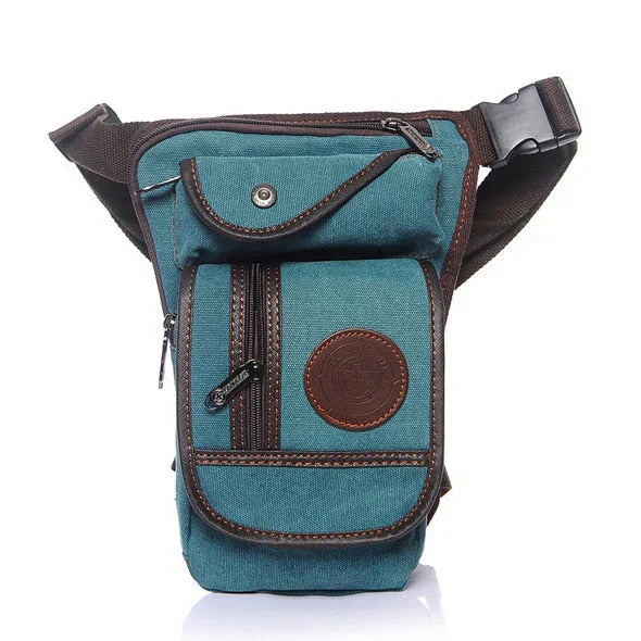 Outdoor gear leg bag in a neutral color, showcasing its compact size and water-resistant material
