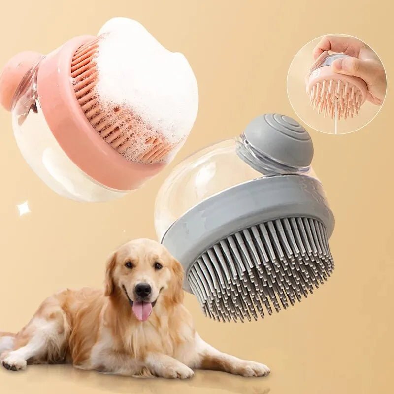 Close-up of pet shampoo dispenser brush, ergonomic design for effective dog and cat grooming
