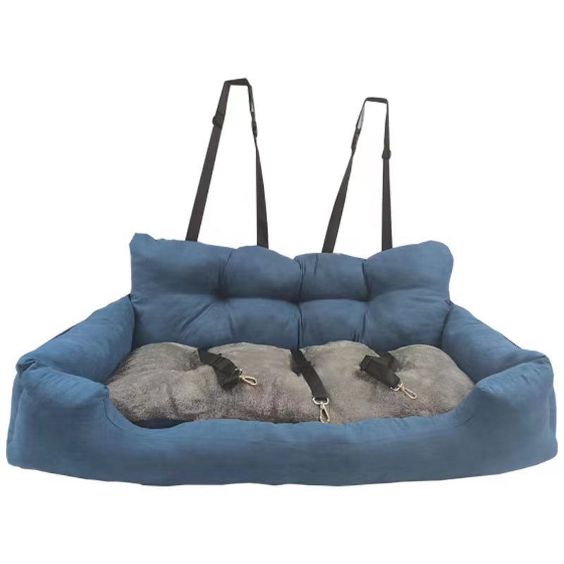 Dog car booster seat on center console, black fabric, fits small pets, ensures safe travel & comfort.