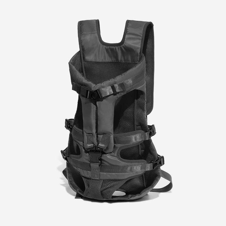 Side view of a travel dog backpack, highlighting ventilation and storage pockets, outdoor pet gear for small dogs