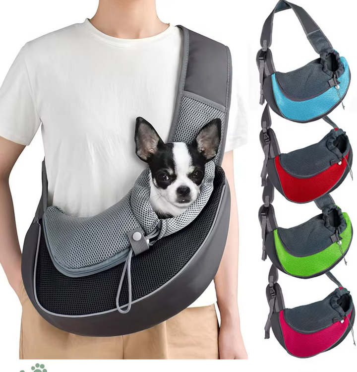 Breathable pet travel shoulder bag for small dog or cat, front view, perfect for car trips.