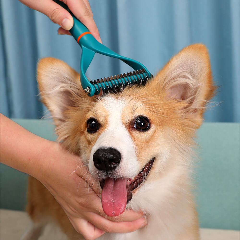 Ergonomic Pet Dematting Comb, double-sided, ideal grooming tool for detangling dog and cat fur and pet care.