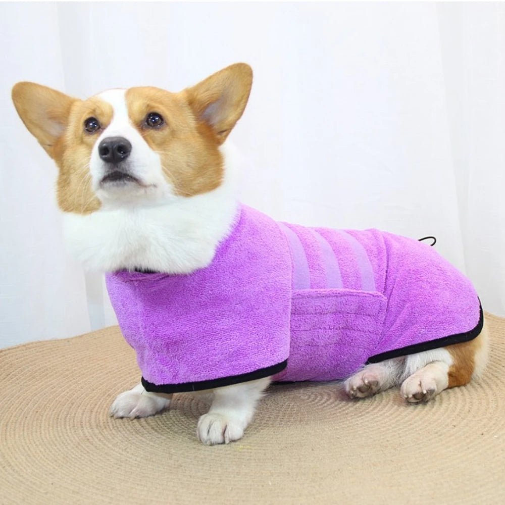 Pet wearing adjustable microfiber drying bathrobe, perfect for post-bath routine