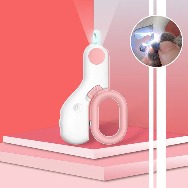 Ergonomic grip pet nail clippers for dogs & cats, featuring an integrated LED light for precision.