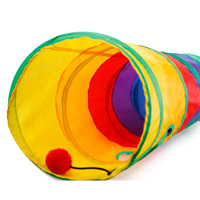 Multi-colored rainbow pet tunnel, a fun and foldable cat toy for indoor enrichment