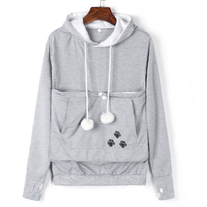 Unisex pet pouch hoodie in grey, front view. Carry your dog or cat close and comfy.