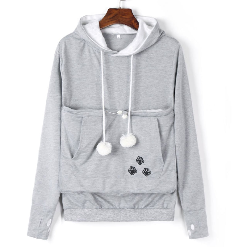 Back view of a person wearing a pet pouch hoodie, showcasing the comfortable pet carrier design.
