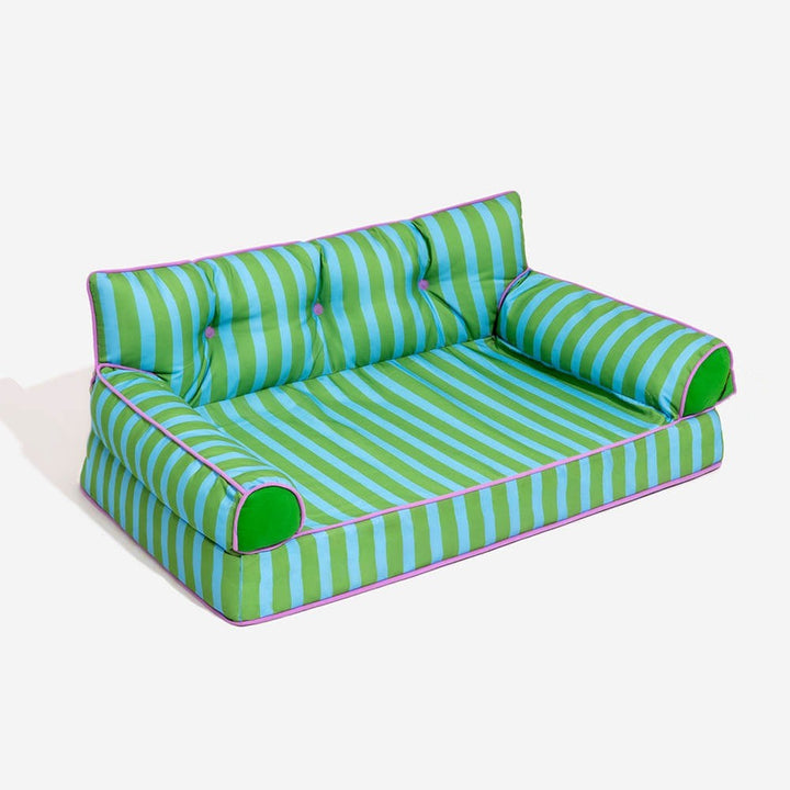 Unisex striped pet sofa, water-repellent dog bed, foldable design for modern pet furniture.