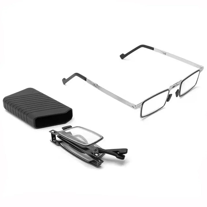 Unisex portable reading glasses, silver frames, offering clear vision for on-the-go reading.