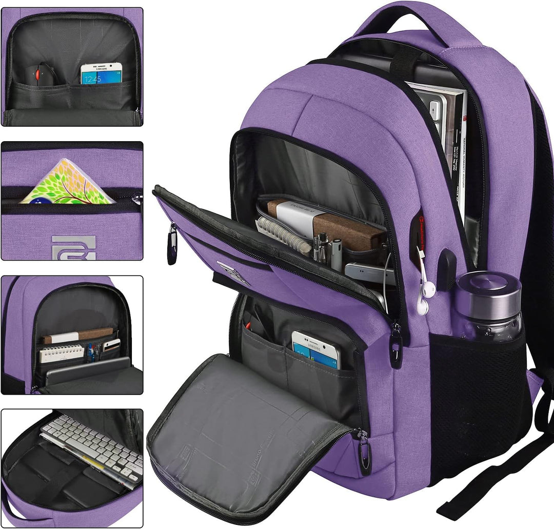 Slim unisex backpack, anti-theft zippers, organized for tech essentials, with a USB charging port.