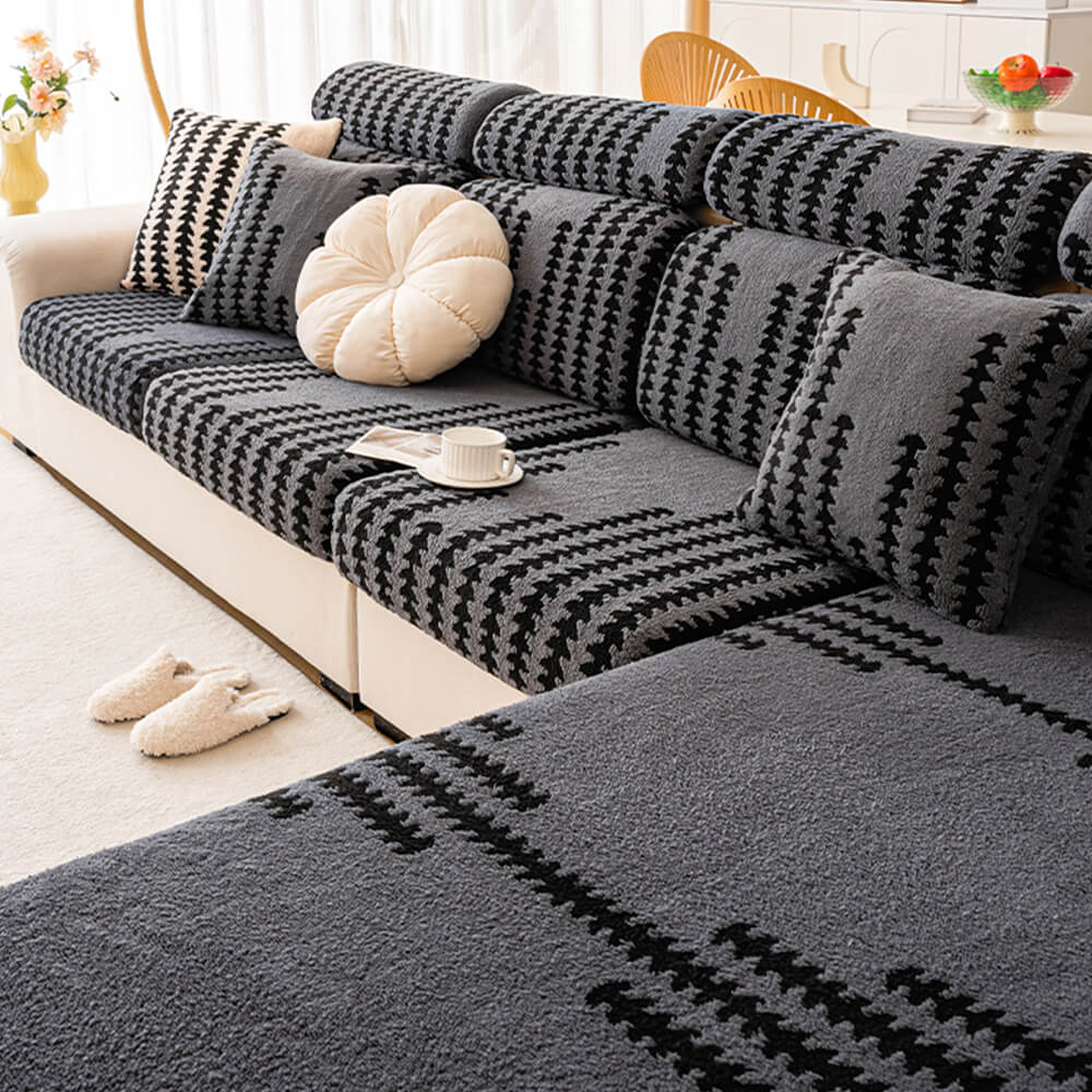 Unisex soft stretch herringbone sofa slipcover in neutral tone, pet-friendly furniture protector