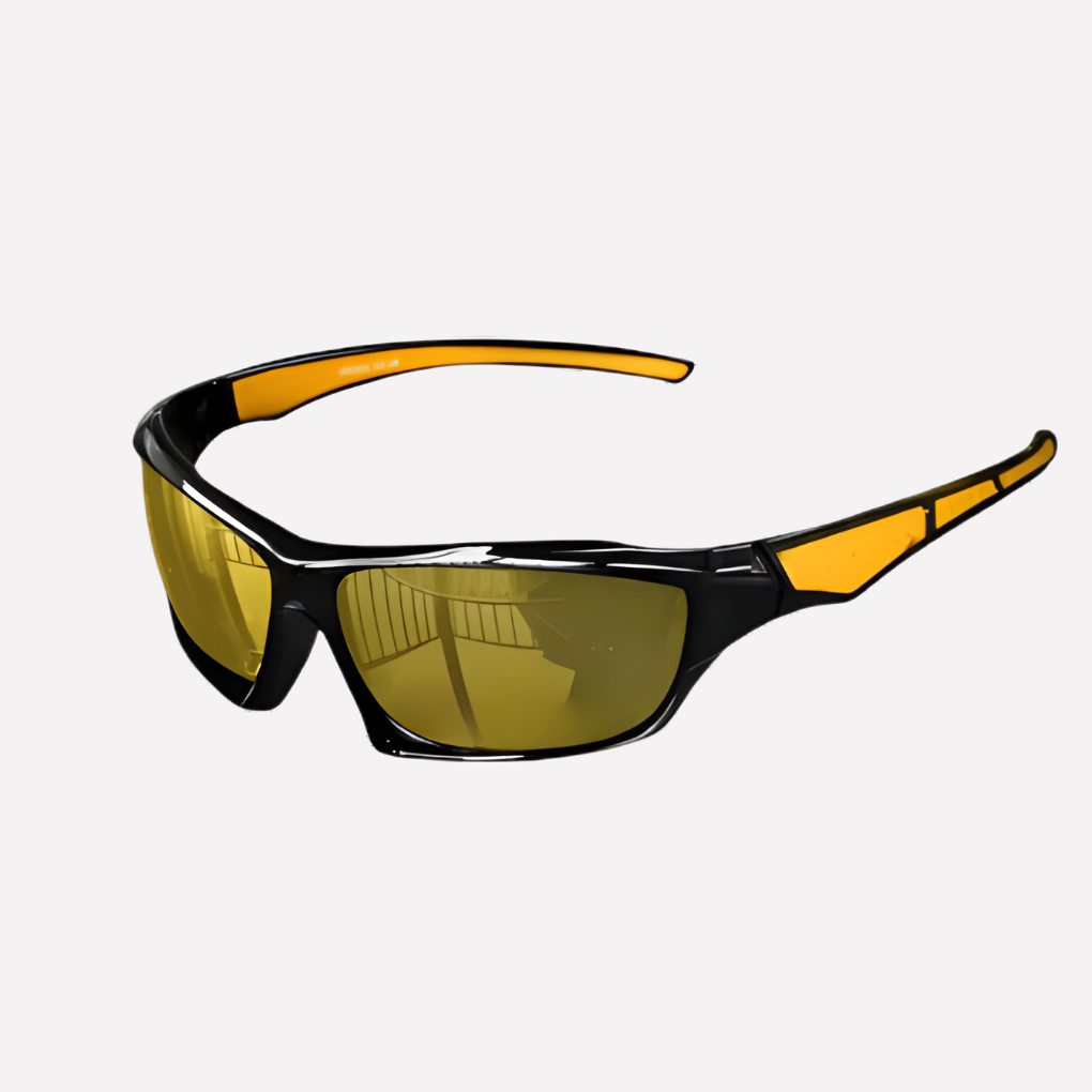 Green athletic sports sunglasses offering UV400 protection & polarized lenses for eye safety during sports.