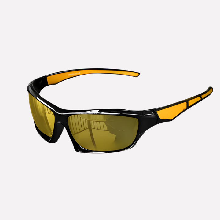 Green athletic sports sunglasses offering UV400 protection & polarized lenses for eye safety during sports.