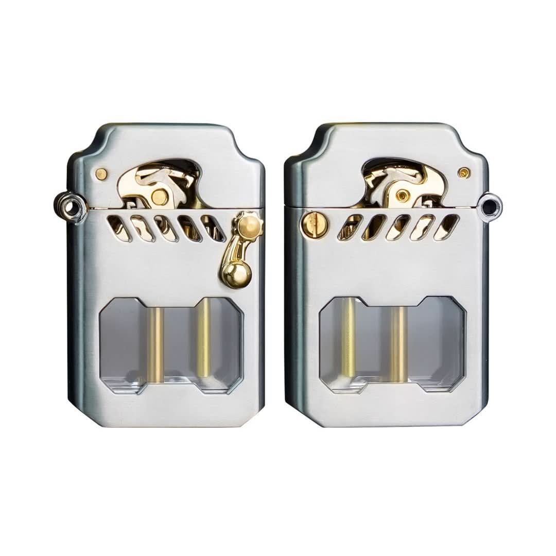 Stylish mechanical lighter, windproof design, and visible gear details. Great for everyday carry & utility.
