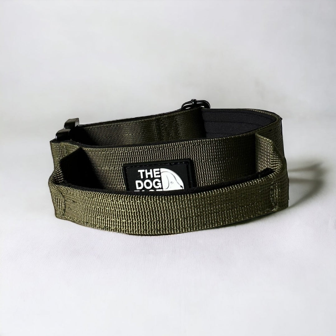 Heavy-duty padded tactical dog collar, durable nylon with quick-release system for pet control