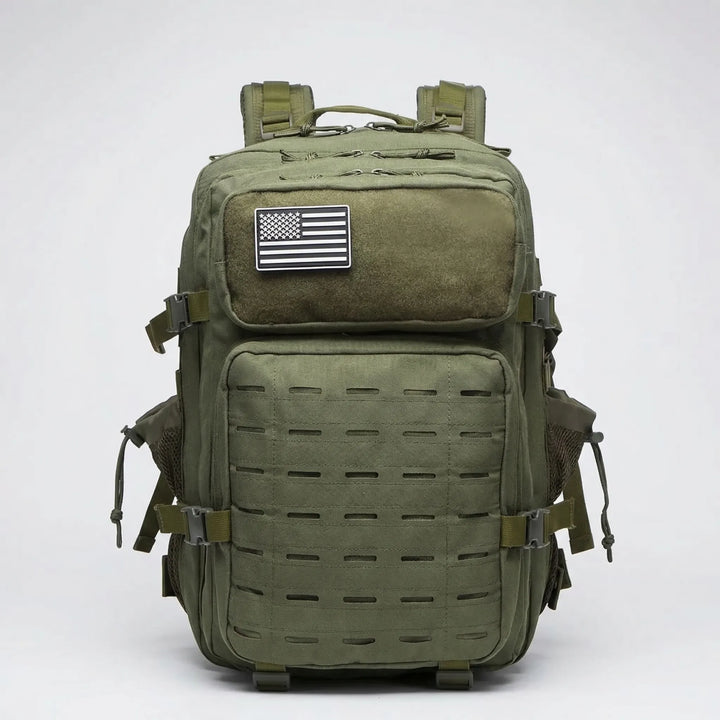 Durable large capacity tactical MOLLE backpack, unisex design for hiking, camping, travel, and military use.