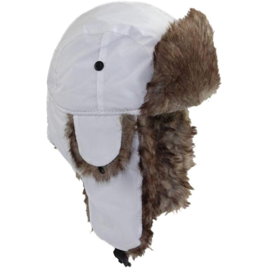 Classic trapper hat with luxurious faux fur trim and ear flaps, ideal snow gear for winter activities.