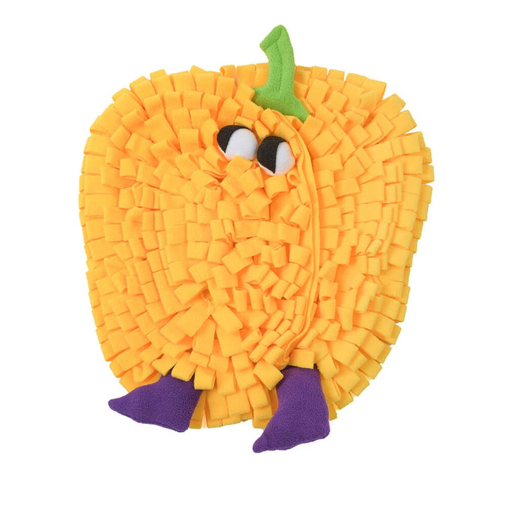 Interactive dog toy: vegetable snuffle mat with Hidden treats for pet enrichment and slow feeding.