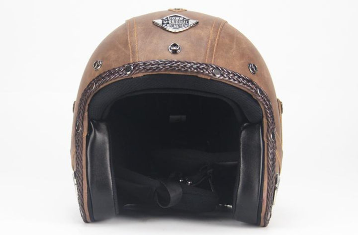 Brown retro open face motorcycle helmet with goggle mask, perfect vintage riding gear for cruisers and classic bikers.