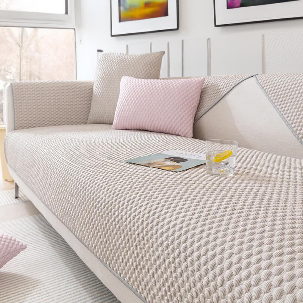 Close-up of the anti-slip backing on a washable cooling sofa cover, ensuring secure pet-friendly fit