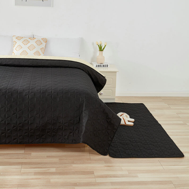 Overhead view of a waterproof pet mat on hardwood floor, preventing slips and protecting surfaces, multi-purpose
