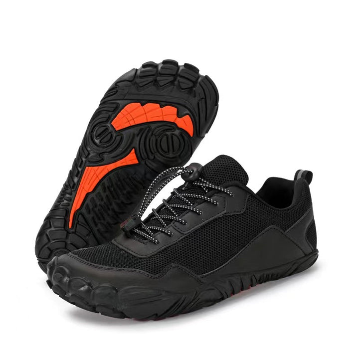 Wide toe box orthopedic hiking shoes for men & women, promoting natural foot splay & comfort.
