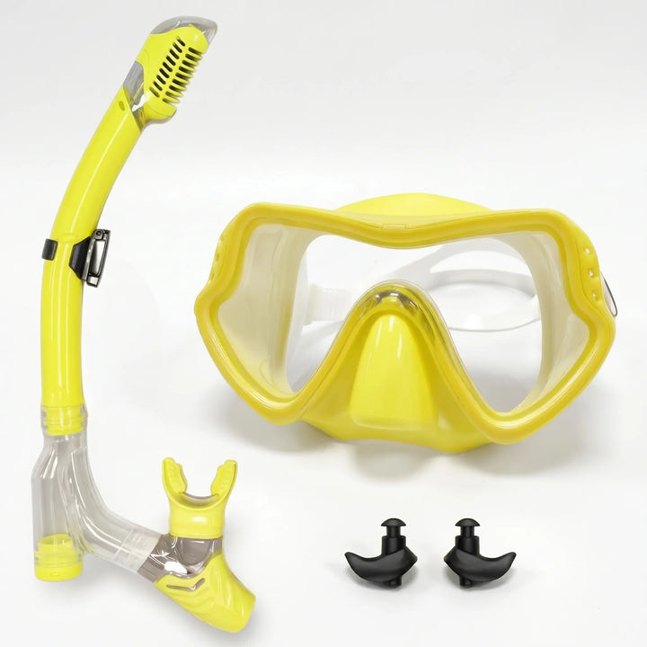 Adjustable, comfortable wide view snorkeling mask with clear lens for superior underwater exploration.