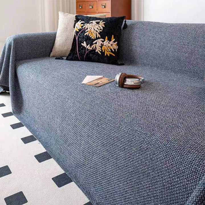 Stylish woven couch cover, pet-friendly with a linen look, durable and breathable for comfortable living.