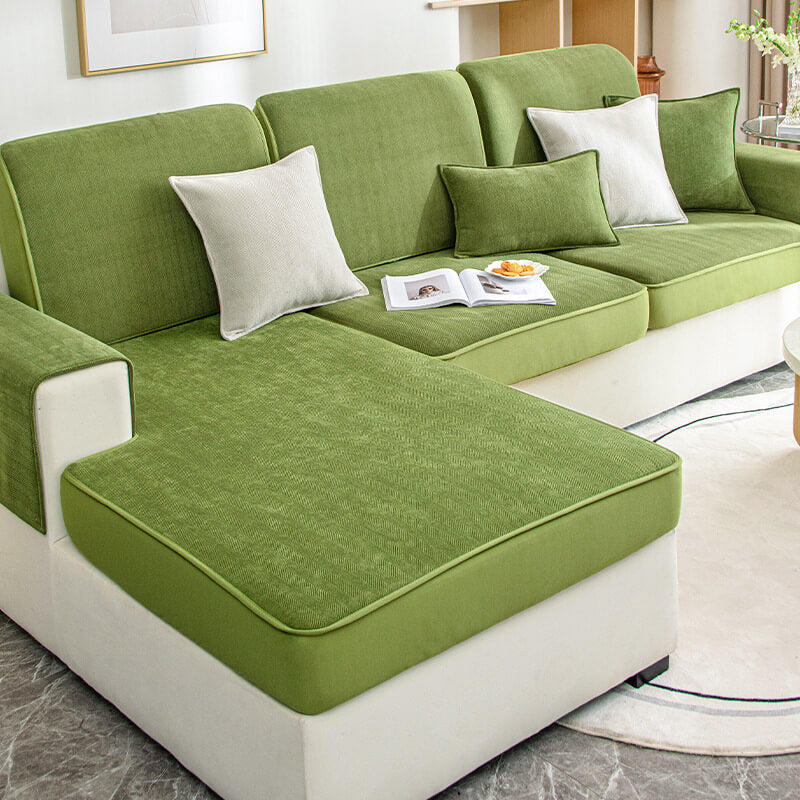 Universal stretch chenille herringbone couch cover, soft texture, light gray, protecting sofa from pets