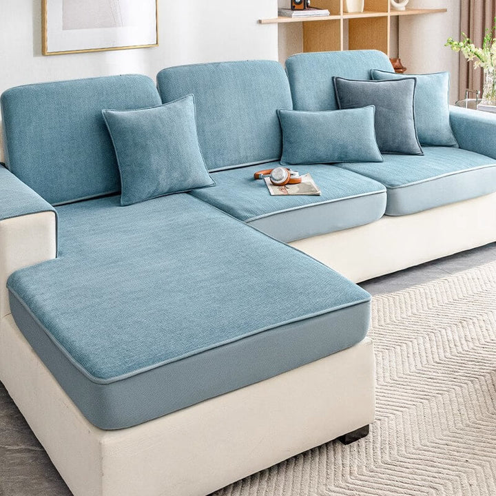 Washable universal stretch couch cover in herringbone chenille, dark blue, enhancing living room decor